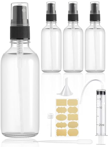 Bohoray 4 flaconi spray in vetro da 100 ml, bottiglie spray vuote per profumo, ricaricabili, bottiglie da viaggio trasparenti, nebulizzatore con etichetta, siringa, strumenti di erogazione per