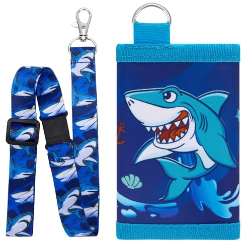 WAWSAM Shark Kids Wallet for Boys, Trifold Velcro Wallet for Kids Teen Ages 4-12, Toddler/Youth Wallet with Zippered Coin Pocket and Card Holders Lanyard, Christmas Birthday Gift for Boy Kids