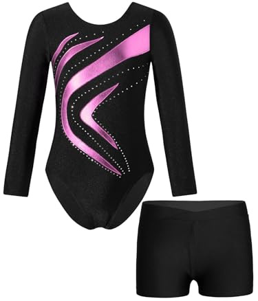 Aislor Gymnastikdräkt med glitter för barn och flickor, långärmad dansbody med gymnastikshorts och strass, för gym och balett, balettkläder, trikåbody