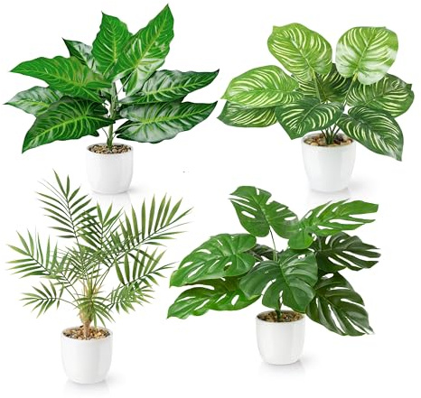 PASCH® Juego de 4 plantas artificiales tropicales como reales (35 cm) en macetas de cerámica blancas: entre otros, Monstera artificial y palmera artificial de Areca, plantas artificiales en maceta,