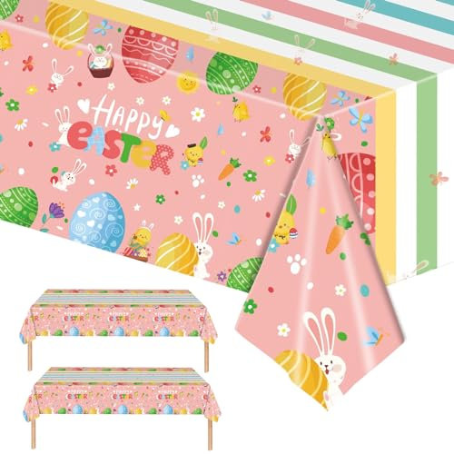 11 manteles de Pascua de Conejo Rosa, manteles rectangulares de plástico para Accesorios de Fiesta, Mantel Impermeable para mesas de Comedor Interiores y Exteriores