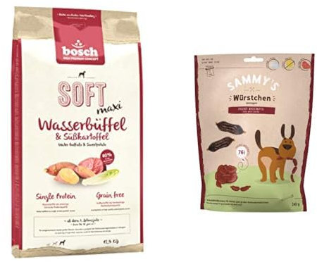 Bundle: Bosch HPC SOFT Maxi Wasserbüffel & Süßkartoffel | halbfeuchtes Hundefutter für ausgewachsene Hunde | 1 x 12.5 kg + Sammy's Würstchen Wasserbüffel | 1 x 240 g