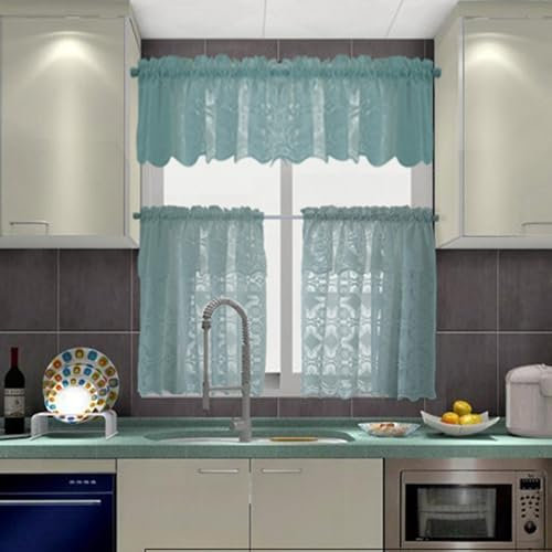 Epinki Skivgardin boho, blå grön voile skivgardin spets broderi blommor, polyester voile gardin fönster gardiner, 1, 132 x 46 cm (B x H)