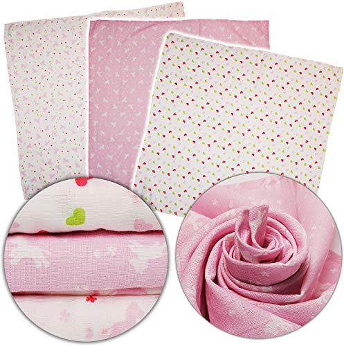 alles-meine.de GmbH 3 TLG. Set - Mulltuch/Spucktuch/Pucktuch/Stoffwindel - Pferde Blumen & Herzen - 100% Baumwolle - 80 cm * 80 cm - Moltontuch - Babytuch - Babyspücktüche..