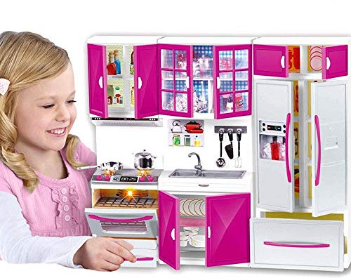 Dockkök Leksaksmöbler Hem Barndockor Realistiska Ljus och Ljud Med Bakplatta Arbetar Ugn Diskbänk Kylskåp Dörrmöbler och Massor av Lektillbehör 40 x 30 cm
