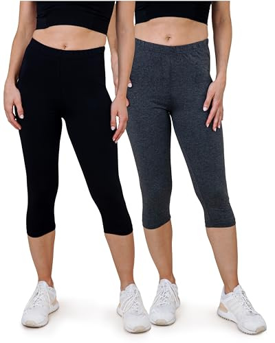 SES Lot de 2 leggings Capri pour femmes, tailles 38-58, opaque, tissu élastique 3/4 en coton, ajustement parfait, 46-48