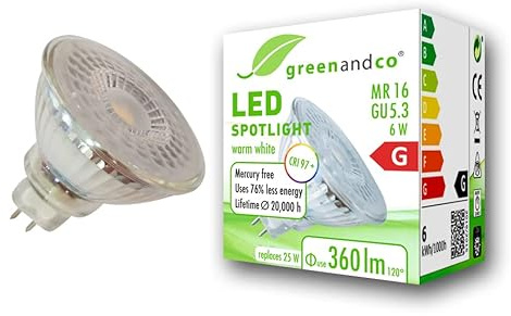 greenandco CRI 97+ 2700K 110° LED-spot ersätter 25W GU5.3 MR16 halogenstrålkastare, 6W 360lm varmvit 12V AC/DC, flimmerfri, inte dimbar