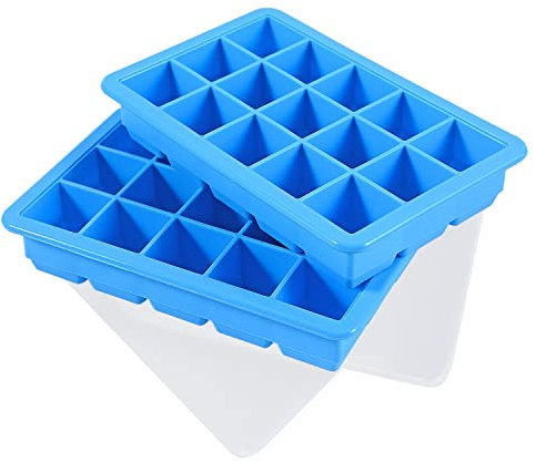 LessMo 15-Fach Eiswürfelform, 2er Pack große Silikon Eiswürfelbehälter mit Deckel, Platzsparend und stapelbar Ice Tray Ice Cube, LFGB Zertifiziert und BPA Frei Eiswürfelformen für Babynahrung Getränk