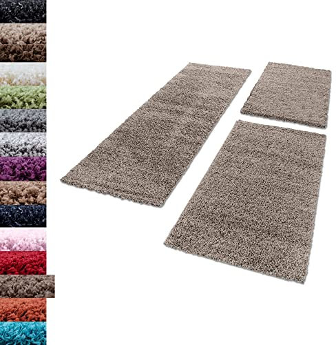 Carpettex Bettumrandung Schlafzimmer 3teilig Shaggy Teppich Hochflor Einfarbig Taupe Bettset:2 mal 60x110 + 1 mal 100x200 - Bettvorleger Schlafzimmer Läuferset Weicher Flauschig Bettumrandung Teppich