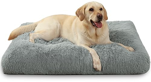 KSIIA Hundbädd Stora Hundar Tvättbar, Plysch Hundkudde Fluffig, 105x70cm, Halkfri Undersida, Hundmatta för Stora, Medelstora Hundar, Hundkorg Hundmadrass Husdjurssäng Ljusgrå