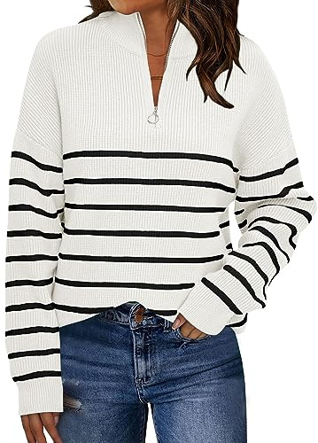 LILLUSORY Jersey para Mujer, diseño de Rayas, Cuello Alto, Estilo otoñal