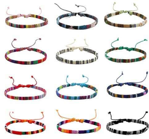 Ormromra 12 Stück Böhmische Gewebte Armbänder, Multi Farbe Freundschaft Armbänder, Handgefertigtes Geflochtenes Armband,Verstellbar Freundschaftsbänder für Kinder,Damen,Herren