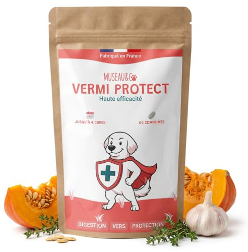 Vermifuge Naturel Chien Chat - Antiparasitaire Plantes Courge Ail Thym - vers Intestinaux - 60 Comprimés - Chien 2-10kg 10-20kg 20-40kg - Formulé par des Vétérinaires - Fabriqué en France