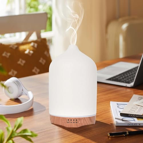 250ml Diffusore di Oli Essenziali, Diffusore di Aromi in Ceramica Bianco, Ultrasuoni Aromaterapia Diffusore con 7 Colori LED Luce Notturna, Diffusore per Oli Essenziali Senza BPA