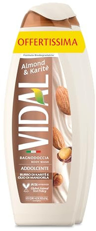 Vidal - Bagnoschiuma Almond & Karité, Formula Addolcente, con Olio di Mandorle e Burro di Karité, Dermatologicamente Testato, 2 Flaconi da 600ml