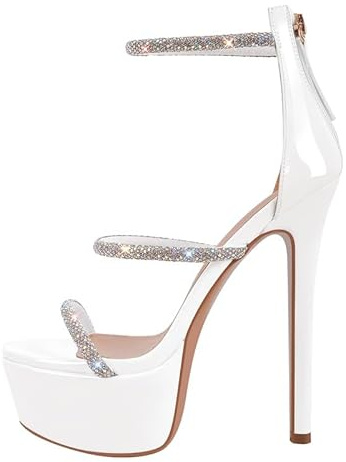 blingqueen Platform Heel for Women Crystals Sandals Stiletto High Heels Studded Rhinestone Straps Buckle Round Open Toe Heeled Sandals Ankle Strap Stilettos Zip Up Party Wedding Shoes White Size 5