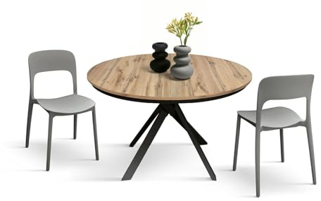 PAZZO DESIGN Table ronde extensible Gabri, table de salon, table de cuisine, pieds croisés Shangay noirs fabriqués en Italie, chêne rustique, de 120 à 170 cm - id_2003