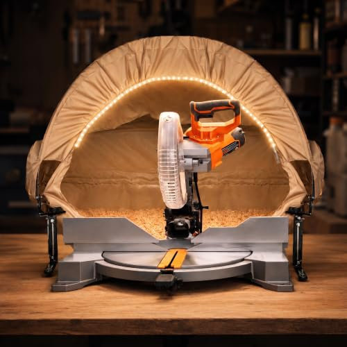 BERPET Miter Saw Dust Collection Hood with Light, Dust Solution for Miter Saws, Dust Collector, Accessory Holes, Universal Fit, Storage Bag - Khaki