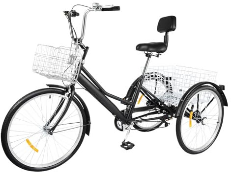 jiumxliu 24 Zoll Adult Dreirad Für Erwachsene 3-Rad Fahrrad Mit 7-Gang Schaltung, Stabiler Hochkohlenstoffstahlrahmen Verstellbarer Pu-Sitz, Mit 2 Praktischen Körben– Ideal Für Seniore