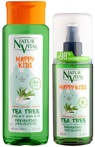 NaturVital Pack Happy Kids Tea Tree Infantil: Champú Preventivo 300ml + Spray desenredante Protector 200ml, con Árbol de Té de Cultivo Bio Certificado, Natural, sin Parabenos, Colorantes ni Siliconas