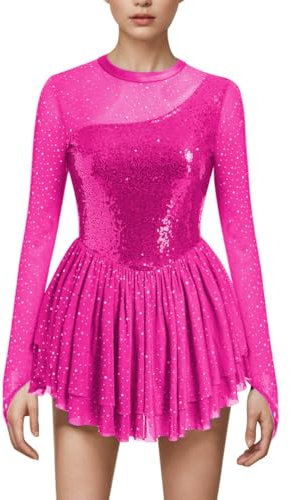 FYMNSI Damen Eiskunstlauf Kleid Glitzer Pailletten Langarm Ballettkleid Ballettkleidung Gymnastik Leotard Turnanzug Tanzkost�m Eiskunstlaufkleid Eislaufen Skating Kleider Gymnastikanzug Rose S