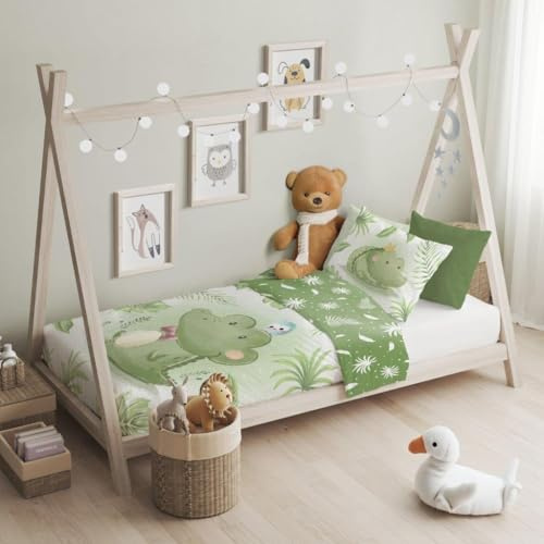 texpot Kinderbettwäsche Set Motiv Krokodil Druckmotiv 100% Baumwolle Reißverschluss pflegeleicht Bettbezug 100x135 cm + Kissenbezug 40x60 cm