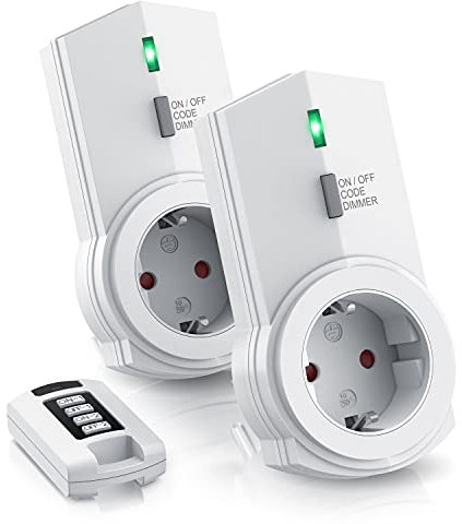 CSL - Funksteckdosen dimmbar - 2er Set mit Fernbedienung - Innenbereich Indoor - 1 Fernbedienung - LED Statusanzeige - integrierter Berührungsschutz - nur für Lampen mit Glühbirnen
