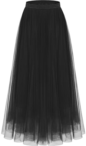 Kingfancy Women's Winter Skirts 2 Layered Tulle Tiered Long Skirts Elastic Waist A-Line Midi Skirts Black L