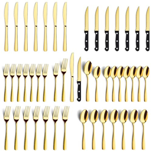 BEWOS 48-Pieces Gold Silverware Set for 8 - Stainless Steel Flatware Set with Mirror Polish, Silverware Sets Including Steak Knives, Forks and Spoons, Dishwasher Safe for Restaurant