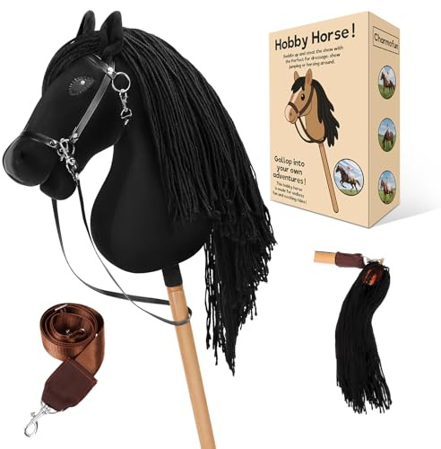 Charmofun Hobby Horse, A3 Kopfgröße Steckenpferd Kinder, Hobby Horsing mit Weichem Plüschhalfter, Fließendem Schweif & Verstellbarem Schultergurt, Perfekt für Garten, Geburtstag & Reitspiele