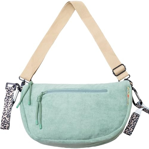 Jubi Moon Bag Sac à langer en velours côtelé menthe – Organiseur de poussette avec fixation pour poussette, sac bandoulière pour femme, petit sac à langer avec compartiments et porte-bouteilles, sac à