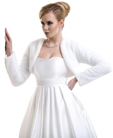 AUTTOGirl Hochzeit Jacke Brautjäckchen Leichte Hochzeitsjacke für die Braut Bolero aus künstlichem Pelz mit voll länger Ärmel Weiß 3XL