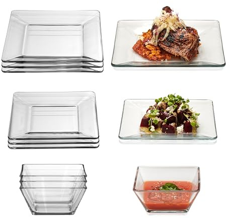 Libbey Tempo Glass Dinnerware Set, Sleek Square Clear Glass Plates and Bowls Set of 12, Dishwasher Safe Dinnerware for Parties or Everyday Use
