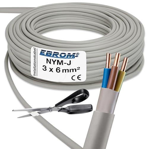 EBROM Câble NYM-J 3 x 6 mm² - Câble d'Installation pour Pièces Humides - Gris - Sélection par Incréments de 1 Mètre - Au Mètre Près - Longueur : 6 m