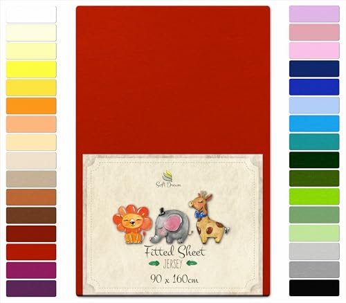 Soft Dream Spannbettlaken 90x160 cm Rot - 100% gekämmte Baumwolle Jersey - Premium Qualität - Spannbetttuch für Kinderbett Juniorbett - OekoTex Zertifiziert - Made in EU - 90x160cm Rot