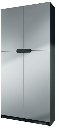 Vladon Meuble Rangement Bureau Logan V1, Armoire de Bureau Haute avec 5 Compartiments et 4 Portes, Noir Mat/Gris Clair satiné Mat (82 x 185 x 37 cm)