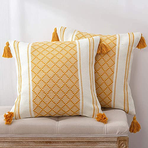 hi-home 2er Set Boho Kissenbezüge, Dekorative Kissenbezug 45x45cm Kissenhülle Dekokissen mit Quaste Outdoor Kissen Boho Style für Sofa Schlafzimmer Wohnzimmer, Modern Sofakissen (Gelb)