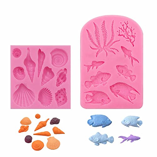 Duozea Havsmotiv fondant silikon formar tvålform - 3D ocean djur dekoration med mussla korall fisk lämplig för kex sötsaker choklad tårta tvålar epoxihartser, 2 stycken, 15 x 10 x 4 cm