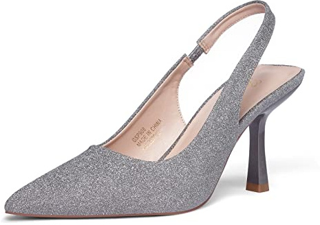 GENSHUO Gris Zapatos de Tacón Alto de Purpurina para Mujer Elegante Slingback de Tacón de Aguja 8CM/3,15 Pulgadas Sandalias de Tacón Puntiagudo para Fiesta, Boda, 37,5 EU