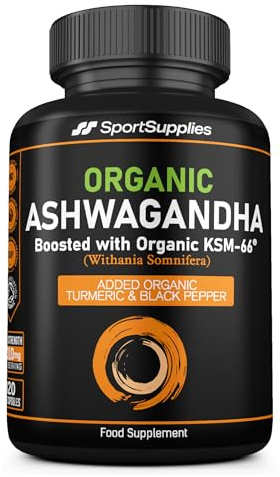 Organic Ashwagandha Capsules 1200mg - Boosted with 1000mg of Organic KSM-66 with 5% Withanolides (from 100mg Extract Ratio 10:1) - Added Turmeric 100mg and Black Pepper - UK Manufactured