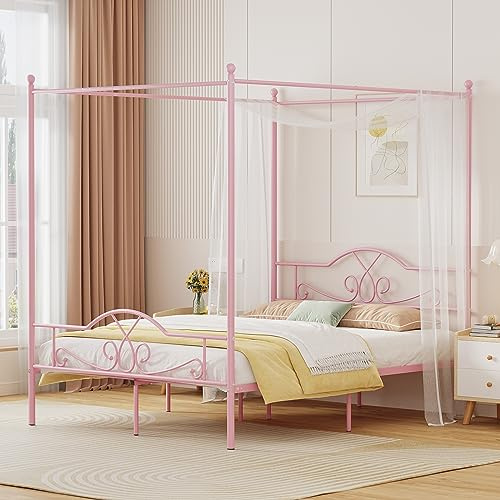Weehom Full Canopy Bed Frame with Headboard and Footboard, Four-Poster Metal Canopied Platform Bed Mattress Foundation Underbed Storage Space No Box Spring Needed for Girls Adults Pink