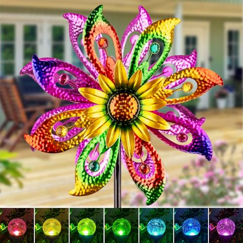 360°Solar Wind Spinner with Lights Sunflower Garden Outdoor Decor Yard Lawn Art Decor for Patio Kinetic Windmills Unique Gifts for Friends and Family 60.63'' H x 13.38'' Dia