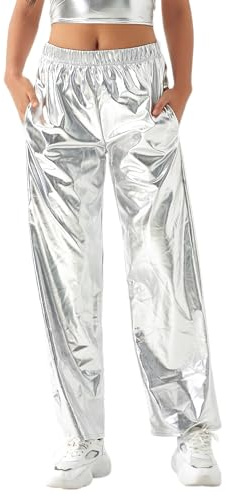 NewL Pantalones de hip hop brillantes para mujer, aspecto metálico, pierna ancha, retro, discoteca, hippie, club, pierna recta, ropa de calle