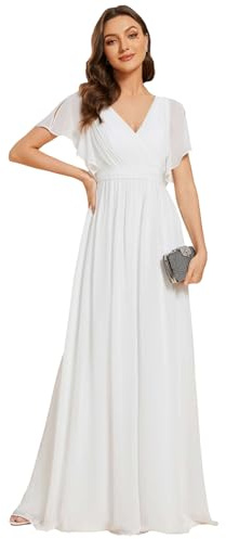 Ever-Pretty Women's V-Neck Short Sleeves Empire Waist Chiffon Long White Bridesmaid Dresses White 14UK