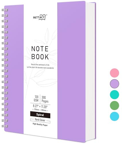 RETTACY A4 Spiral Blanko Notizbuch, Drahtgebundenes Skizzenbuch 300 Seiten/150 Blätter zum Zeichnen, 120gsm, Kunststoff PVC Hardcover, zum Schreiben Frauen Männer Schule, 21.5 x 27.9cm - Lila