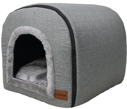 Whiwhi Katzenhöhle für Drinnen Katzen Höhlenbett mit Plüsch Katzenkissen Schlafhaus Haustierhaus Faltbares Hundehöhle 50x42x42cm(Grau)