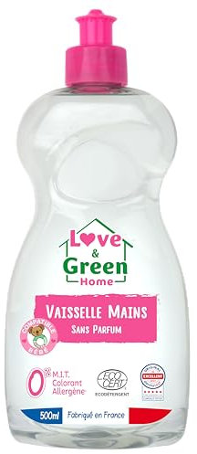Love & Green Home Liquide Vaisselle mains écologique certifié Dermatest et Ecodétergent par Ecocert. Sans parfum - Compatible bébé - Fabriqué en France - 500ml
