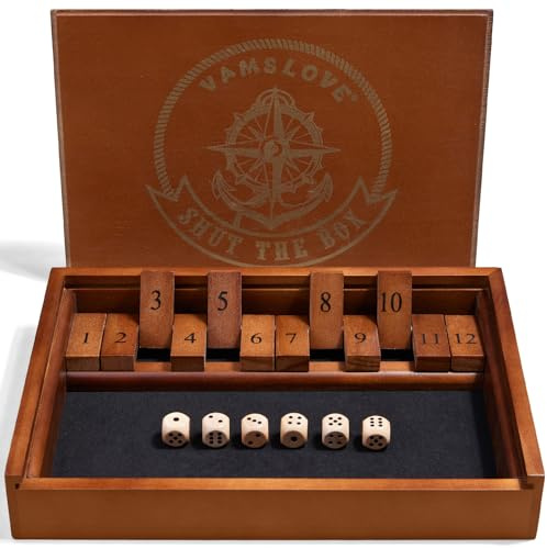VAMSLOVE Shut The Box Dice Game Wooden Board Table Math Game for 2 Players and Up, 12 Numbers Close The Box with 6 Dice for Kids Adults Family (Instructions Included)