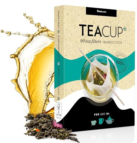 finum® Teacup Lot de 60 filtres à thé + bâton en bambou, filtre à thé en papier pour thé en vrac, théière pour tasses et verre, pour la préparation du thé en vrac dans une théière en verre (72)