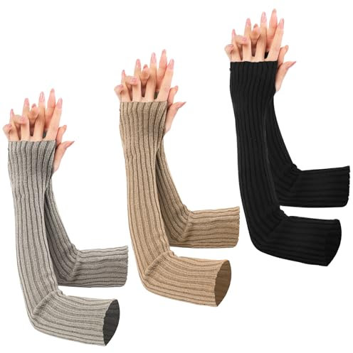 WIYETY 3 Paar Armstulpen Damen, Winter Thermo Strickhandschuhe, Gestrickte Handstulpen Unisex, Strick Handstulpen Wolle Pulswärmer Strick, Fingerlose Dehnbar Handschuhe für Winter Armwärmer (50x7cm)